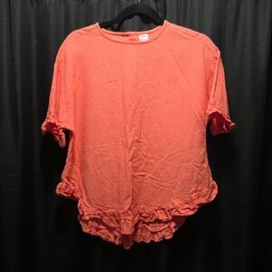 Anko Women Coral Pink Viscose Linen Blend Ruffle Hem Button Back Top Size 8 *